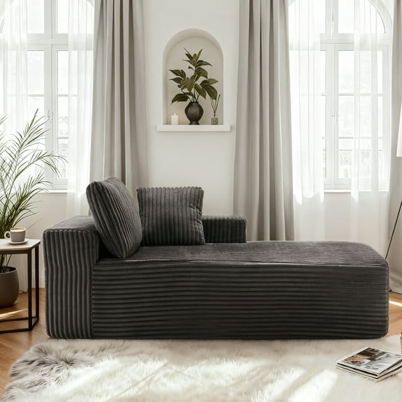 LUMIHO Chaise Lounge with Right Armrest, Comfy Corduroy Upholstered Sofa Bed Chair, No Assembly Required Modern Upholstered Lounge Chair for Bedroom, Living Room and Office,Gray