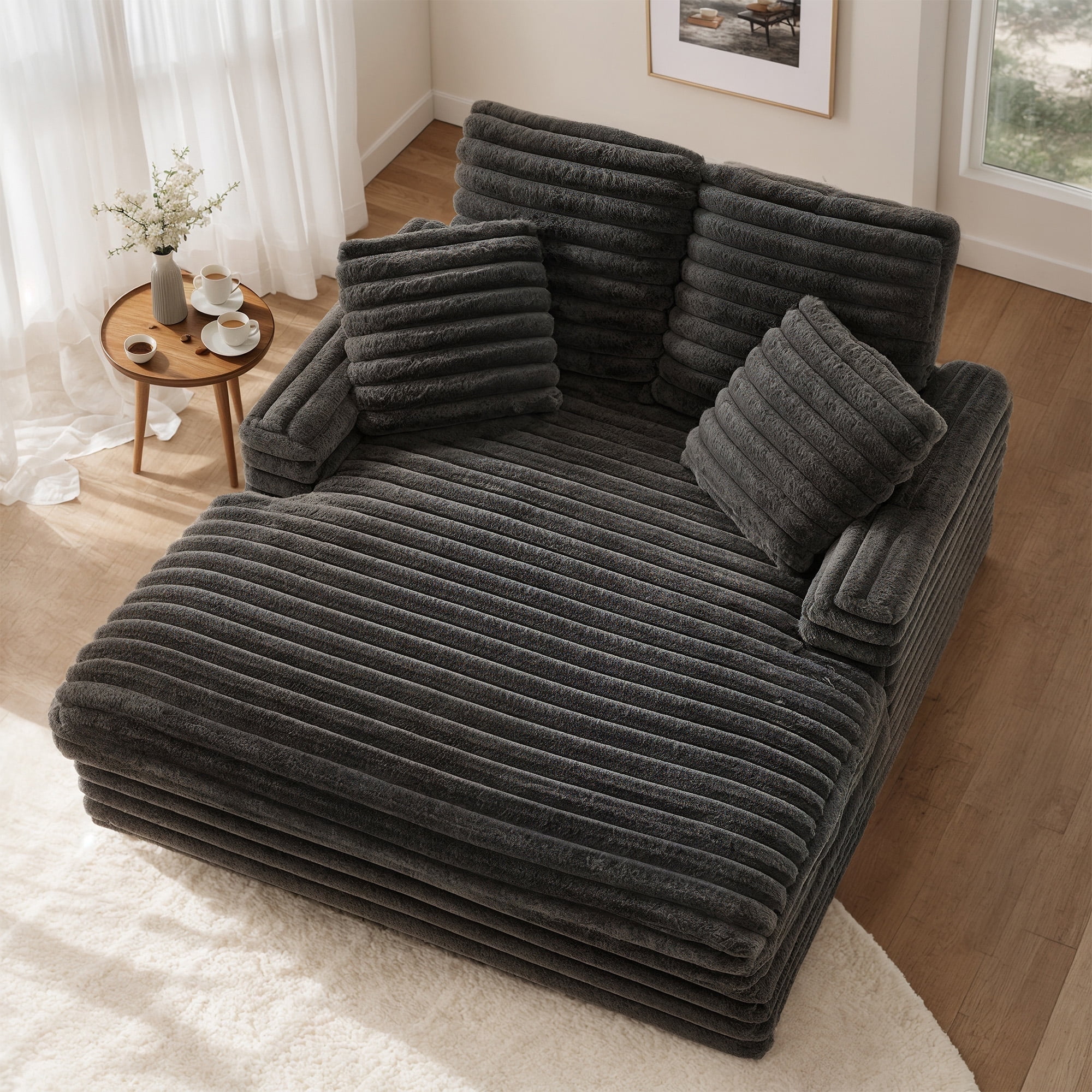 Gelloan Oversized Chaise Lounge Chair Indoor, Upholstered Sofa Bed with Throw Pillows and Armrests, Sleeper Chair for Living Room, Bedroom,Grey,Corduroy