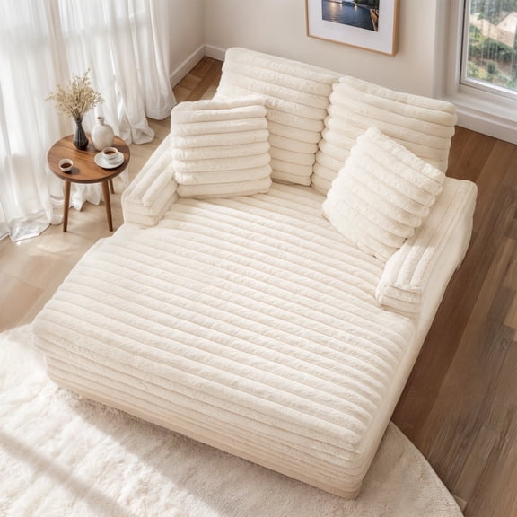 Gelloan Oversized Chaise Lounge Chair Indoor, Upholstered Sofa Bed with Throw Pillows and Armrests, Sleeper Chair for Living Room, Bedroom,White,Corduroy
