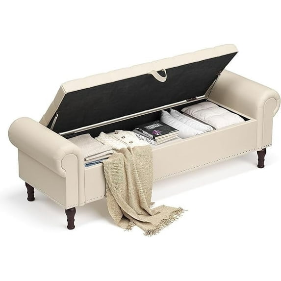 LUMIHO Storage Ottoman Bench for Bedroom,Upholstered Bedroom Bench with Rolled Arms and Rivets, Storage Chest for Living Room,Beige&Brown Legs,60 Inches
