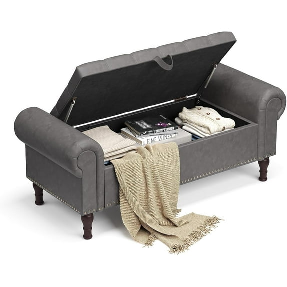Gelloan Storage Ottoman Bench for Bedroom,Upholstered Bedroom Bench with Rolled Arms and Rivets, Storage Chest for Living Room,Grey,51 Inches