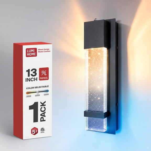 LUMIHOME 13 in. LED Outdoor Wall Light with Dusk to Dawn Sensor, Bubble Glass, 11.5W, Selectable 3000K/4000K/5000K, Wet Rated, Black