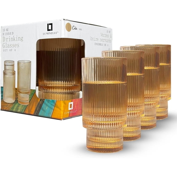 LUMINELLE Ribbed Drinking Glasses -15 oz Glass Tumblers for Water, Iced Coffee, and Cocktails | Modern Textured Glassware for Kitchen & Dining | Dishwasher Safe, Set Of 4