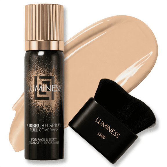 LUMINESS Airbrush Body Coverage with Self Tanner Brush - Tattoo Cover Up Makeup - Full Coverage Foundation for Face & Body - Water-Resistant, Long-Wear, Natural Radiant Finish, Light Fair