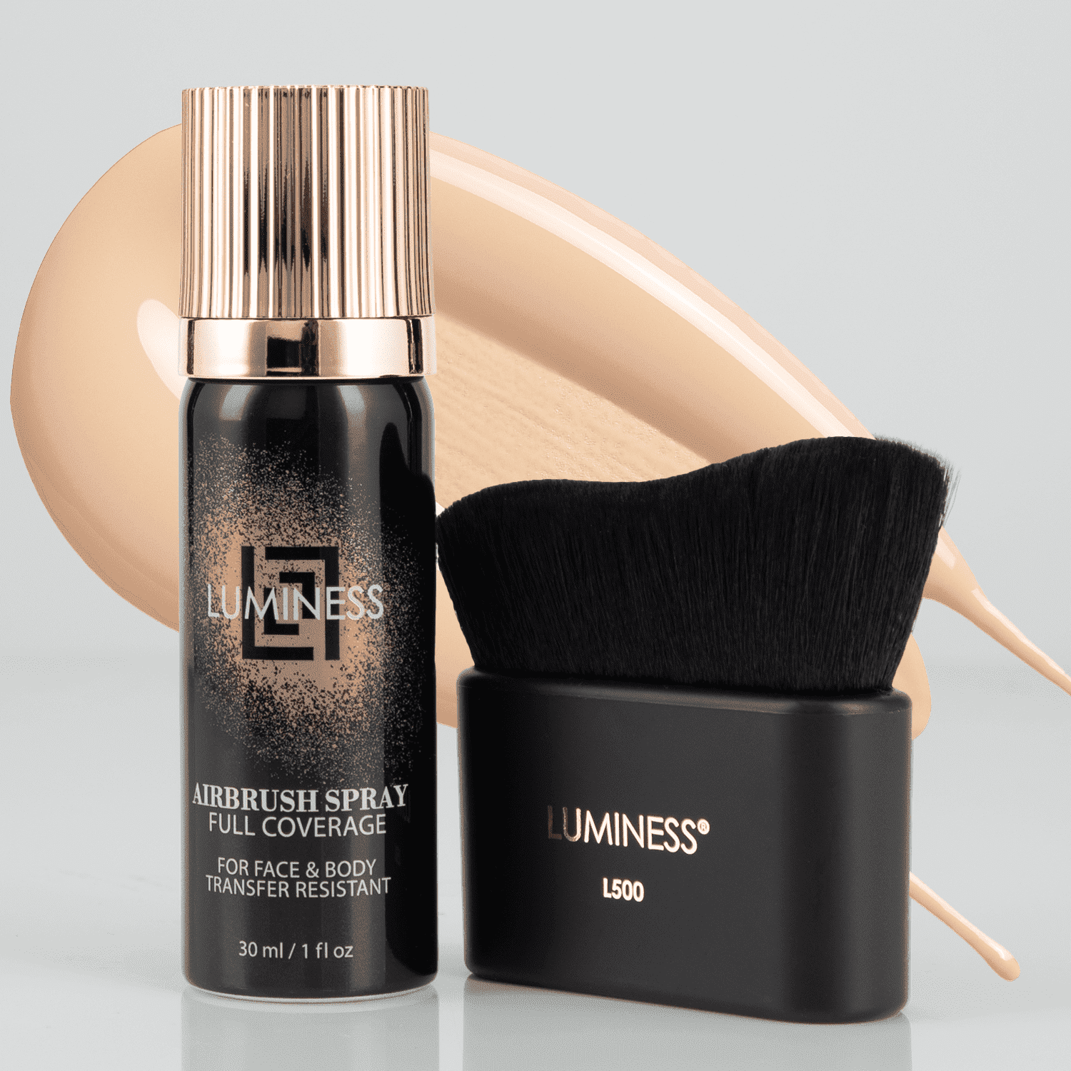 LUMINESS Airbrush Body Coverage with Self Tanner Brush - Tattoo Cover Up Makeup - Full Coverage Foundation for Face & Body - Water-Resistant, Long-Wear, Natural Radiant Finish, Light Fair