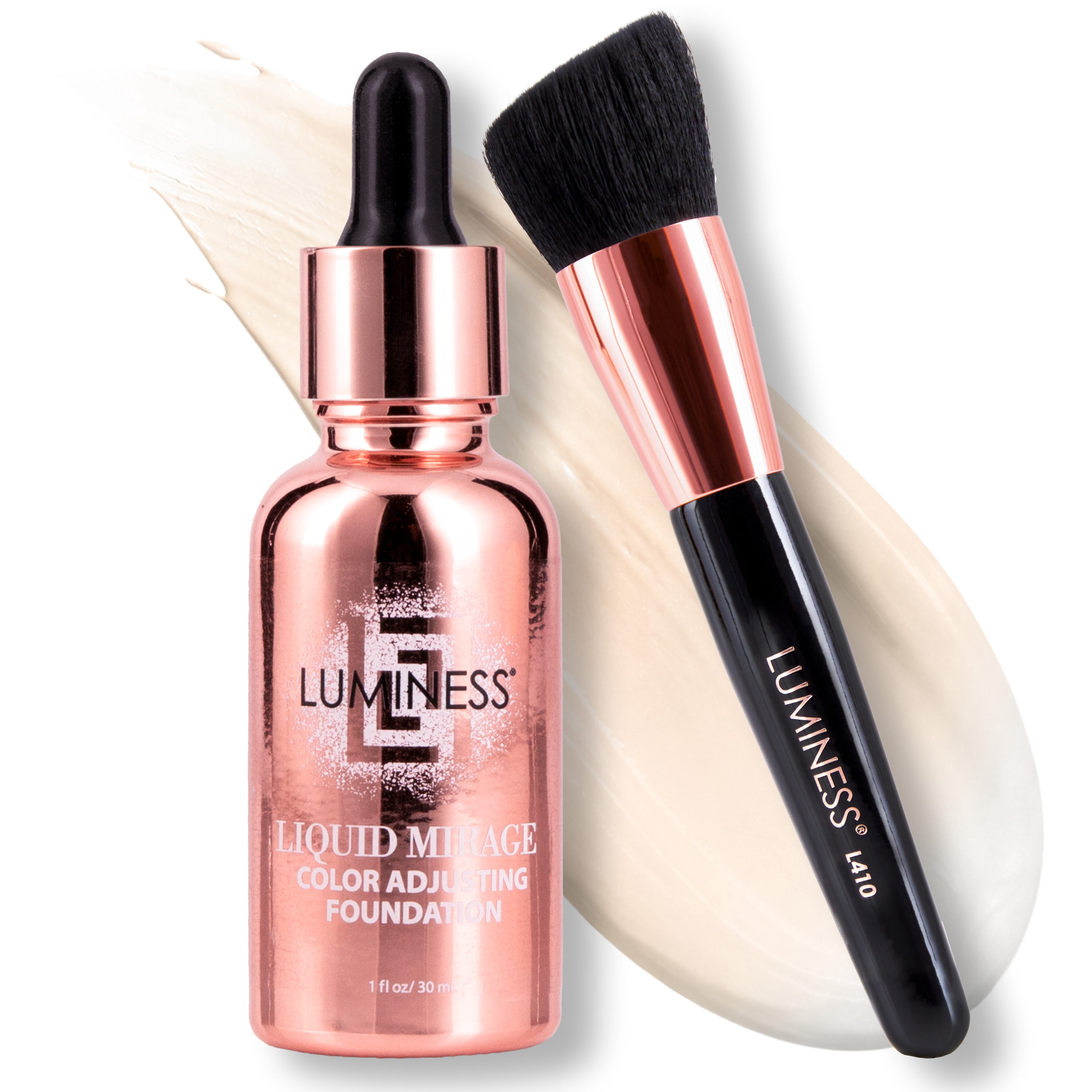 LUMINESS Liquid Mirage 3PC Kit - Color Changing Foundation with SPF 50 Primer & Makeup Brush, Hydrating & Lightweight Face Makeup, 4 in 1 Liquid Foundation, Concealer & Moisturizer (Fair)