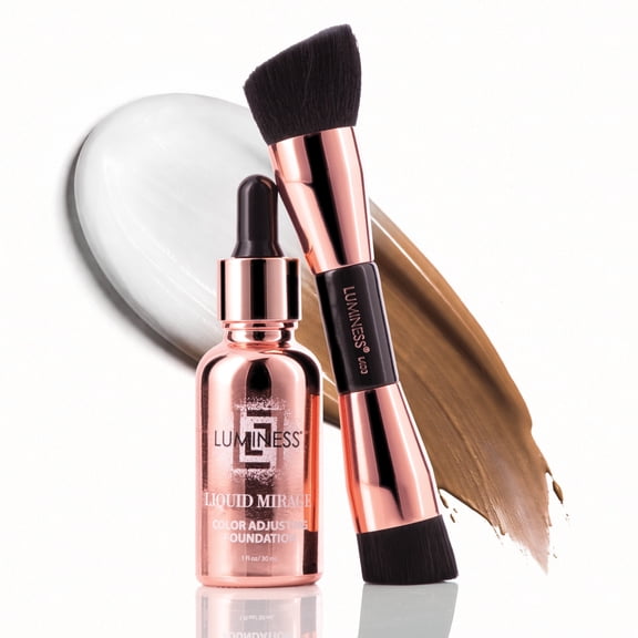 LUMINESS Liquid Mirage 3PC Kit - Color Changing Foundation with SPF 50 Primer & Makeup Brush, Hydrating & Lightweight Face Makeup, 4 in 1 Liquid Foundation, Concealer & Moisturizer (Deep)