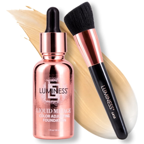 LUMINESS Liquid Mirage 3PC Kit - Color Changing Foundation with SPF 50 Primer & Makeup Brush, Hydrating & Lightweight Face Makeup, 4 in 1 Liquid Foundation, Concealer & Moisturizer (Medium)