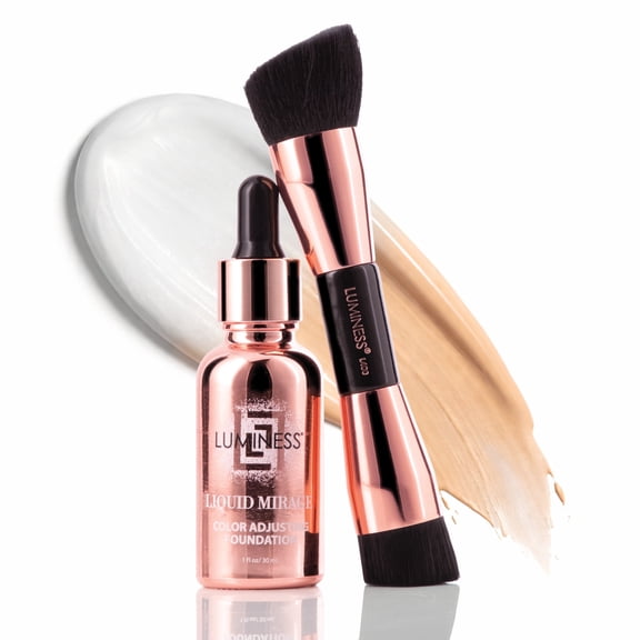 LUMINESS Liquid Mirage 3PC Kit - Color Changing Foundation with SPF 50 Primer & Makeup Brush, Hydrating & Lightweight Face Makeup, 4 in 1 Liquid Foundation, Concealer & Moisturizer (Medium)