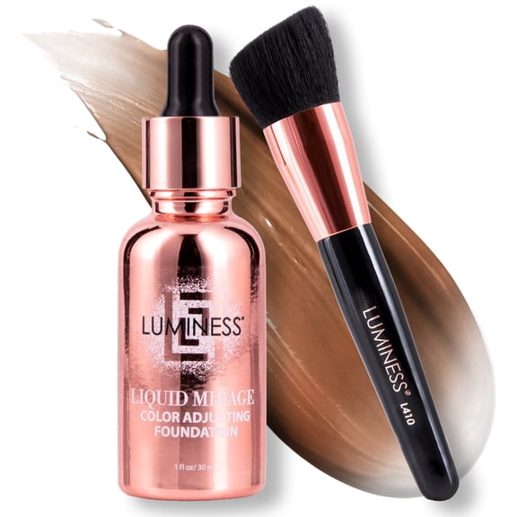 LUMINESS Liquid Mirage 3PC Kit - Color Changing Foundation with SPF 50 Primer & Makeup Brush, Hydrating & Lightweight Face Makeup, 4 in 1 Liquid Foundation, Concealer & Moisturizer (Deep)