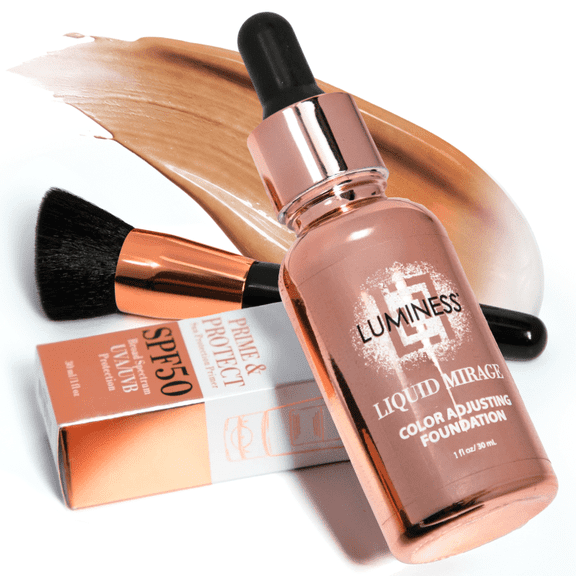 LUMINESS Liquid Mirage 3PC Kit - Color Changing Foundation with SPF 50 Primer & Makeup Brush, Hydrating & Lightweight Face Makeup, 4 in 1 Liquid Foundation, Concealer & Moisturizer