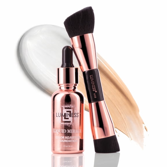 LUMINESS Liquid Mirage 3PC Kit - Color Changing Foundation with SPF 50 Primer & Makeup Brush, Hydrating & Lightweight Face Makeup, 4 in 1 Liquid Foundation, Concealer & Moisturizer (Medium)