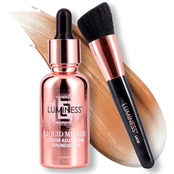 LUMINESS Liquid Mirage w/SPF 50 Color Adjusting Foundation Kit - Color Changing Foundation, SPF 50 Primer & Makeup Brush, Face Makeup for Mature Skin, 4in1 Liquid Foundation, Concealer & Moisturizer