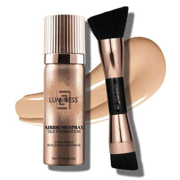 LUMINESS Silk Airbrush Spray Foundation 2PC Kit - Foundation & Dual-Sided Angled Makeup Brush - Buildable Coverage, Anti-Aging Formula, Humidity Resistant, Hydrates & Moisturizes, 1 fl oz, Fair
