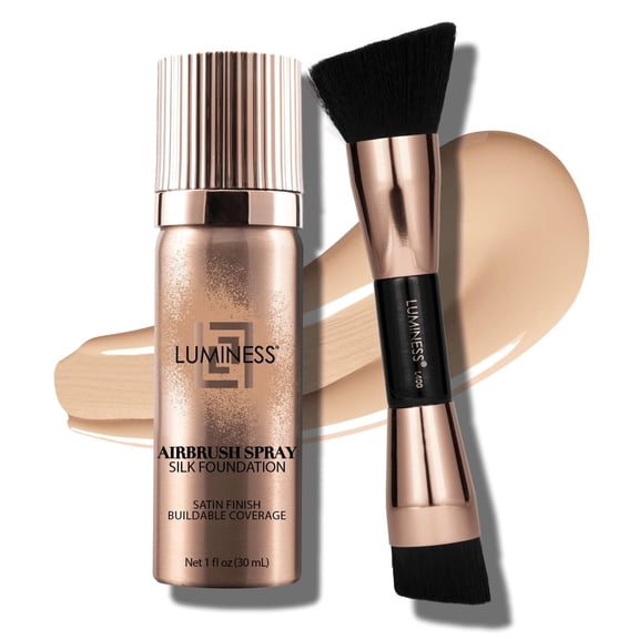 LUMINESS Silk Airbrush Spray Foundation 2PC Kit - Foundation & Dual-Sided Angled Makeup Brush - Buildable Coverage, Anti-Aging Formula, Humidity Resistant, Hydrates & Moisturizes, 1 fl oz, Light Fair