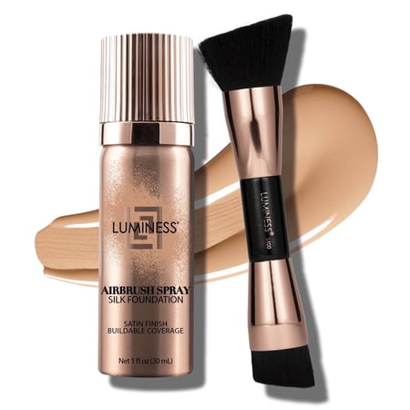 LUMINESS Silk Airbrush Spray Foundation 2PC Kit - Foundation & Dual-Sided Angled Makeup Brush -Buildable Coverage, Anti-Aging Formula, Humidity Resistant, Hydrates & Moisturizes, 1fl oz, Light Medium