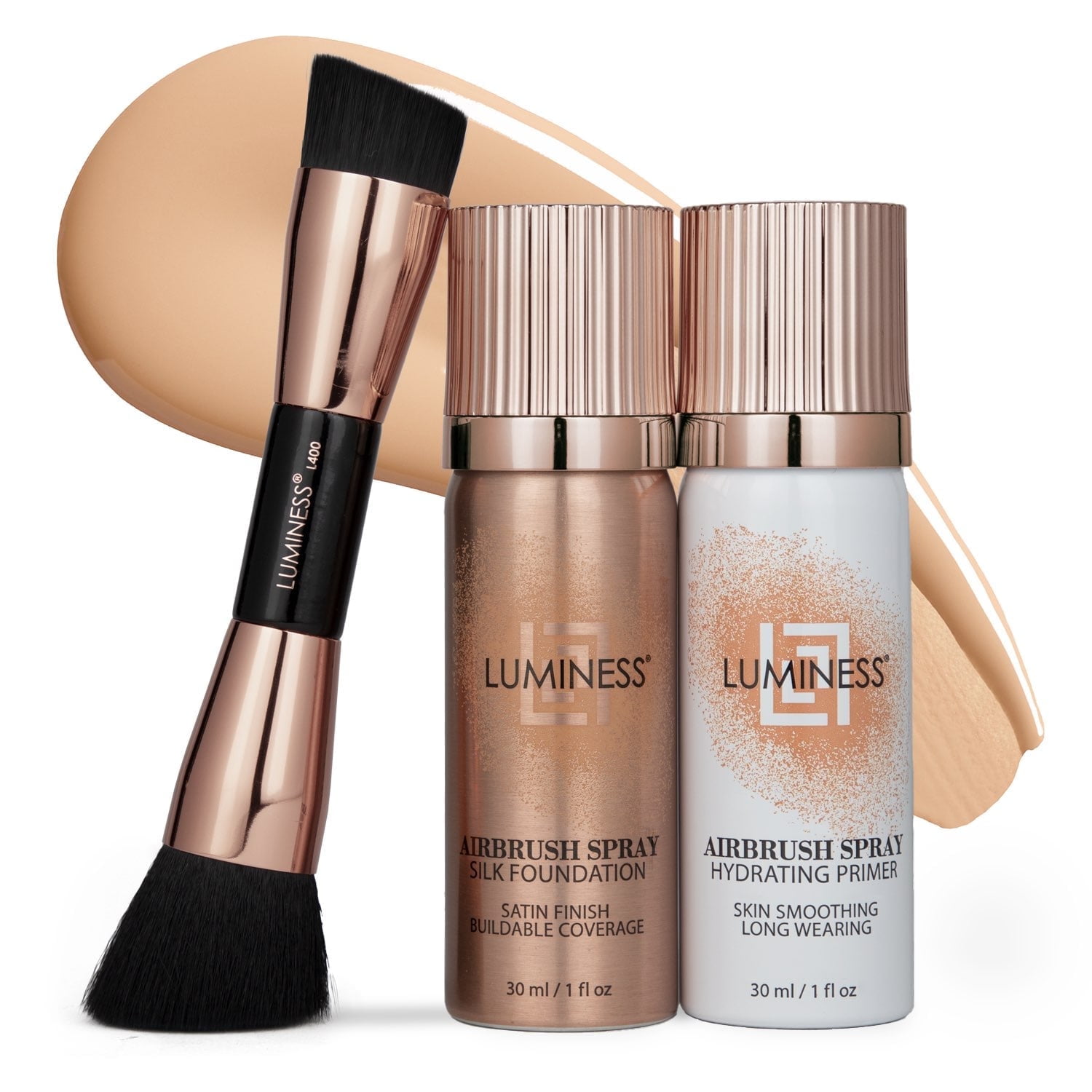 LUMINESS Silk Airbrush Spray Foundation 3-PC Kit - Foundation, Primer & Dual-Sided Angled Makeup Brush - Buildable Coverage, Anti-Aging Formula, Hydrates & Moisturizes, 1 fl oz, Fair