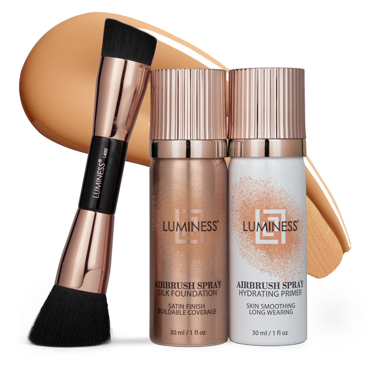 LUMINESS Silk Airbrush Spray Foundation 3-PC Kit - Foundation, Primer & Dual-Sided Angled Makeup Brush - Buildable Coverage, Anti-Aging Formula, Hydrates & Moisturizes, 1 fl oz, Medium