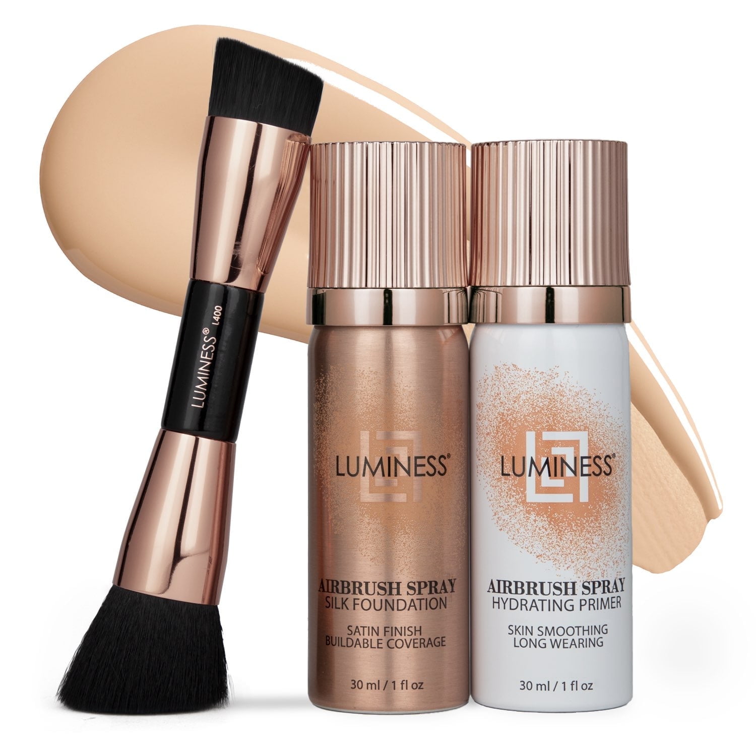 LUMINESS Silk Airbrush Spray Foundation 3PC Kit - Foundation, Primer & Dual-Sided Angled Makeup Brush - Buildable Coverage, Anti-Aging Formula, Hydrates & Moisturizes, 1 fl oz, Light Fair