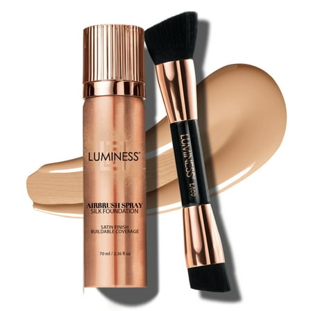 LUMINESS Silk Airbrush Spray Foundation & Buffing Brush Kit – Full Coverage Foundation & Dual-Sided Buffing Brush - Buildable Coverage, Anti-Aging Formula Hydrates (Shade - Light Medium)