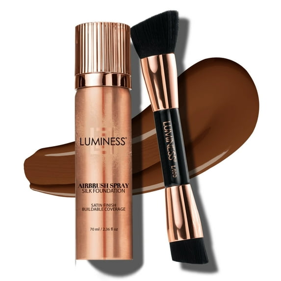 LUMINESS Silk Airbrush Spray Foundation & Buffing Brush Kit – Full Coverage Foundation & Dual-Sided Buffing Brush - Buildable Coverage, Anti-Aging Formula Hydrates & Moisturizes (Shade - Deep Dark)