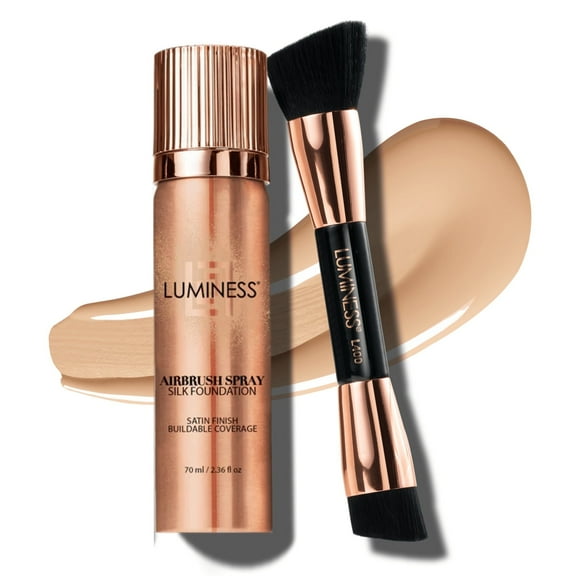 LUMINESS Silk Airbrush Spray Foundation & Buffing Brush Kit – Full Coverage Foundation & Dual-Sided Buffing Brush - Buildable Coverage, Anti-Aging Formula Hydrates & Moisturizes (Shade - Fair)
