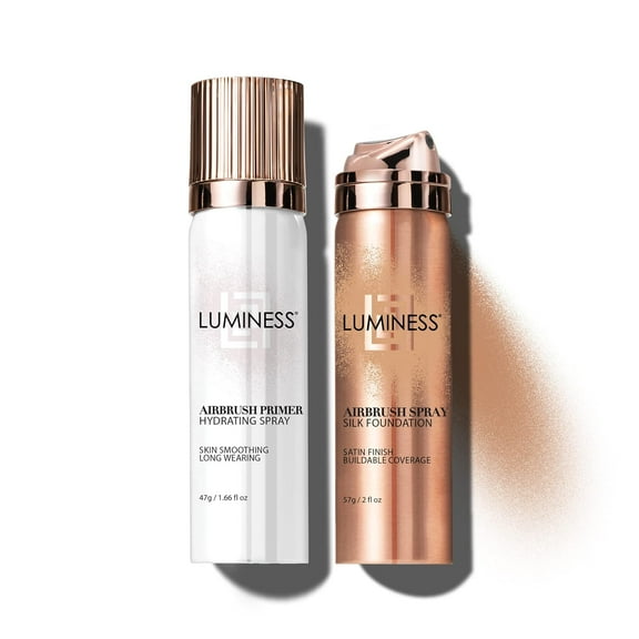 LUMINESS Silk Airbrush Spray Foundation & Primer Kit - Full Coverage Foundation, Anti-Aging Formula Hydrates & Moisturizes with Hyaluronic Acid, Aloe Vera & Hydrolyzed Silk (Shade - Warm Dark)