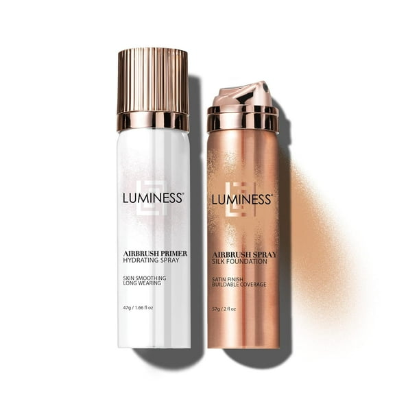 LUMINESS Silk Airbrush Spray Foundation & Primer Kit - Full Coverage Foundation, Anti-Aging Formula Hydrates & Moisturizes with Hyaluronic Acid, Aloe Vera & Hydrolyzed Silk (Shade - Medium Warm)