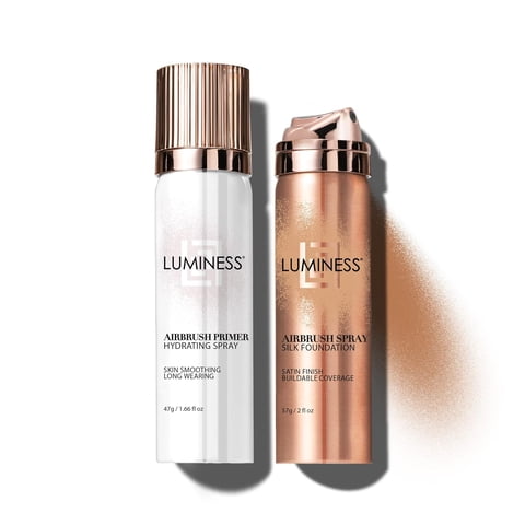 LUMINESS Silk Airbrush Spray Foundation & Primer Kit - Full Coverage Foundation, Anti-Aging Formula Hydrates & Moisturizes with Hyaluronic Acid, Aloe Vera & Hydrolyzed Silk (Shade - Tan Dark)