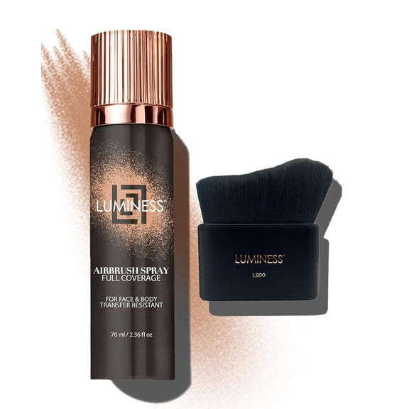 LUMINESS Spray Airbrush Foundation Makeup with Buffing Brush, Light Tan Shade 090 - Lightweight, Full Coverage Foundation for Face - Concealer for Seamless Blending, Natural-Looking Finish 2.36 fl oz