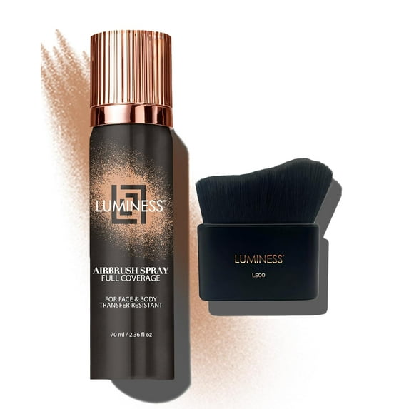LUMINESS Spray Airbrush Foundation Makeup with Buffing Brush, Light Tan Shade 090 - Lightweight, Full Coverage Foundation for Face - Concealer for Seamless Blending, Natural-Looking Finish 2.36 fl oz