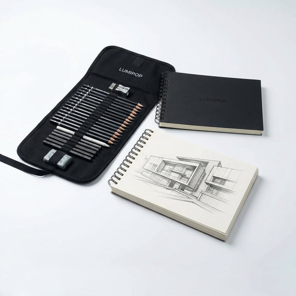 LUMIPOP Professional Adult Sketching Art Set, Portable Travel Drawing Kit with Graphite Pencils & Sketchbook, Artist Portfolio Pouch for Outdoor Sketching & Studio Work