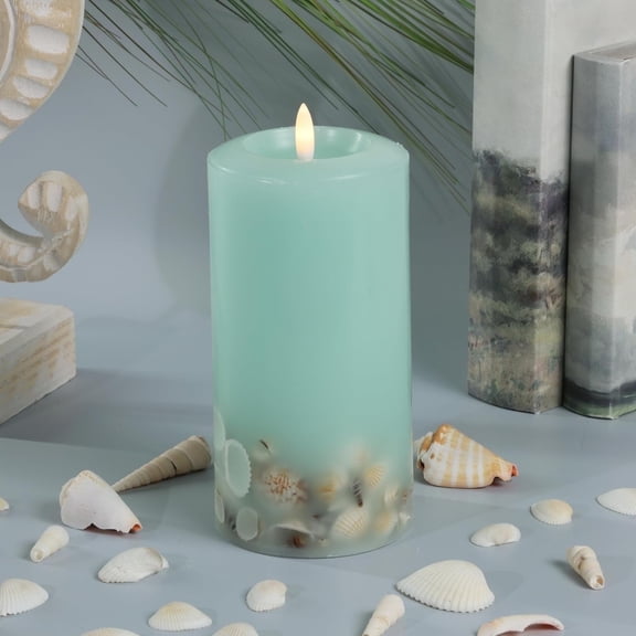 LUMIPUR Signature Coastal Collection Natural Glow Flickering Flameless LED Wax Pillar Candle with Seashell Embed (Seafoam Green, 3.5" x 7")
