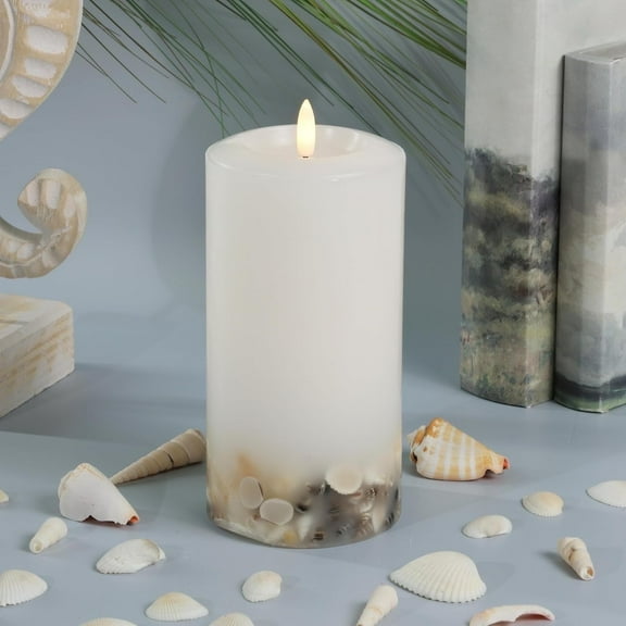 LUMIPUR Signature Coastal Collection Natural Glow Flickering Flameless LED Wax Pillar Candle with Seashell Embed (White, 3.5" x 7")