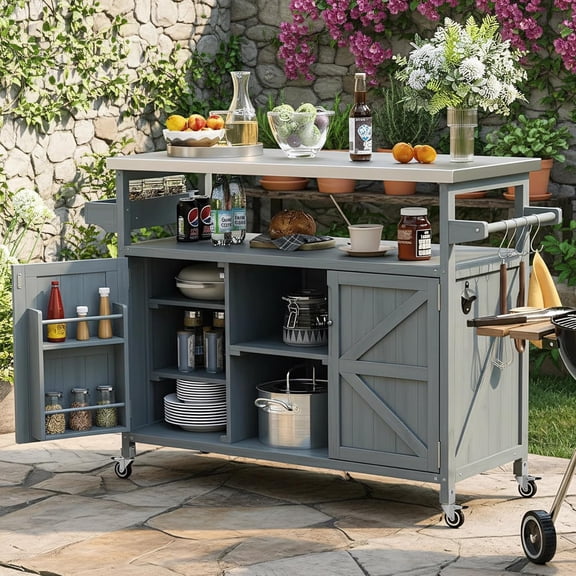 LUMISOL Outdoor Kitchen Island with Stainless Steel Top, Movable Outdoor Prep Table with Wheels, Rolling Kitchen Cart with Storage Cabinet, Solid Wood Outdoor Grill Cart for Parties, Grey Blue