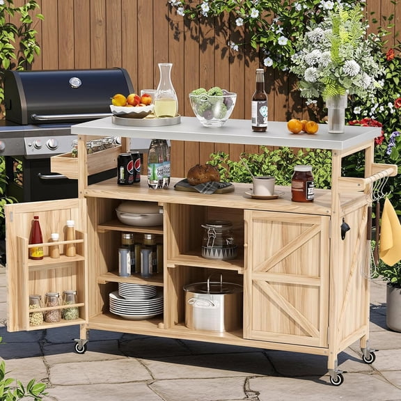 LUMISOL Outdoor Kitchen Island with Stainless Steel Top, Movable Outdoor Prep Table with Wheels, Rolling Kitchen Cart with Storage Cabinet, Solid Wood Outdoor Grill Cart for Parties, Natural