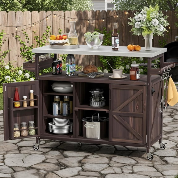 LUMISOL Outdoor Kitchen Island with Stainless Steel Top, Movable Outdoor Prep Table with Wheels, Rolling Kitchen Cart with Storage Cabinet, Solid Wood Outdoor Grill Cart for Parties, Dark Brown
