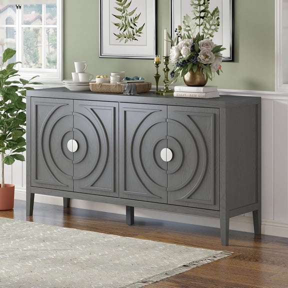 LUMISOL Rustic Sideboad Buffet Cabinet with 4 Doors, 60" Storage Cabinet with Metal Handles, Solid Wood Sideboard Console Table for Living Room Hallway Entryway, Grey