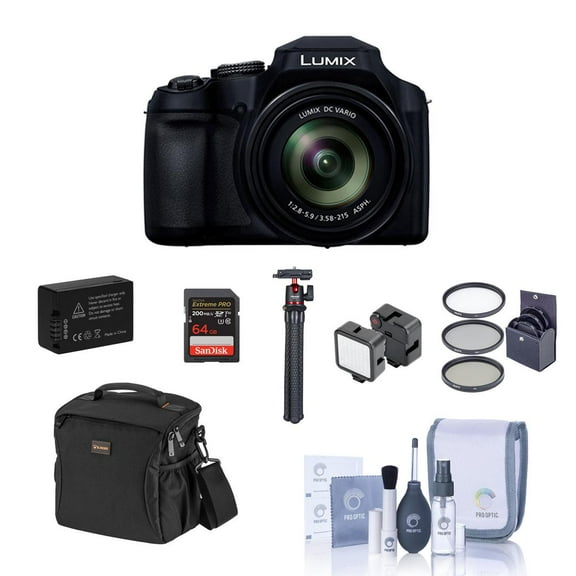 Panasonic LUMIX FZ80D Point & Shoot Digital Camera, Bundle with 64GB SD Card, Bag, Extra Battery, Flexible Tripod, Mini LED Light, Filter Kit, Cleaning Kit
