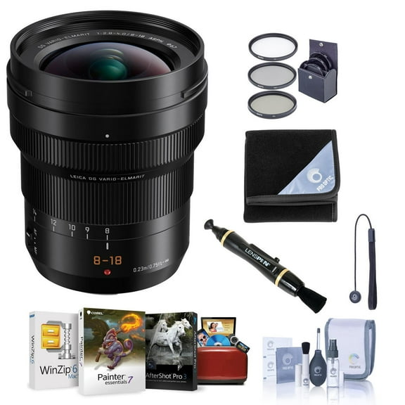 LUMIX G Leica DG Vario-Elmarit 8-18mm f/2.8-4 Aspherical Lens for Micro Four Thirds, Bundle w/67mm Filter Kit, Cleaning Kit, Lens Wrap, Lens Cleaner, Lens Cap Tether, Mac Software Kit