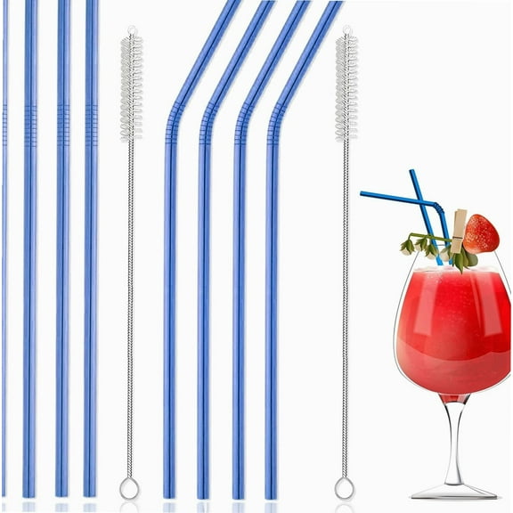 LUMOUS ROLA Metal Straws Set of 8 Reusable Stainless Steel Straws with 2 Cleaning Brush Eco Friendly Dishwasher Safe Metal Straws Drinking for 20 24 30 Oz. Tumbler (Pack of 8 Blue)