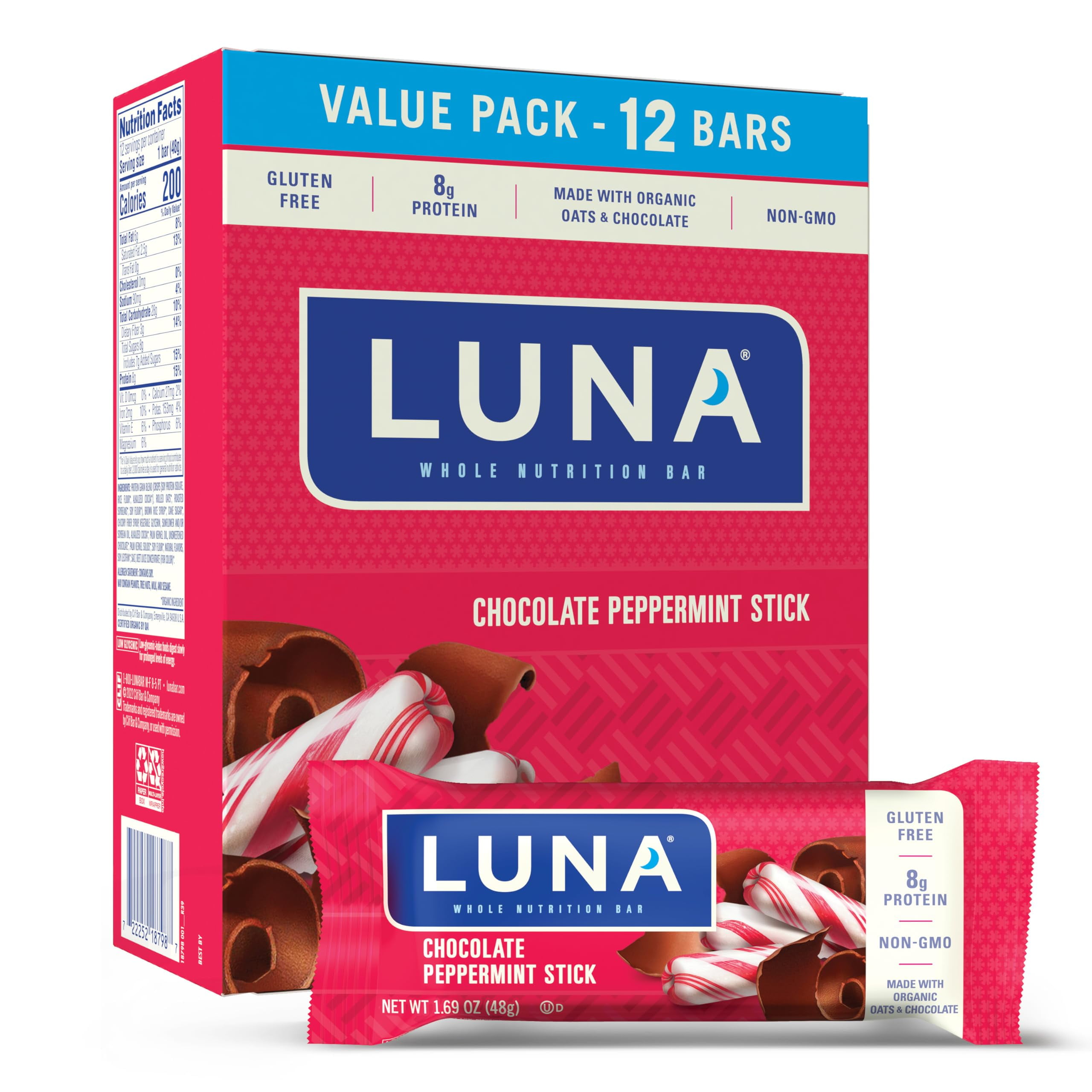 LUNA TMH1&nbsp;Bar - Chocolate Peppermint Stick Flavor - Snack Bars - Non-GMO - Gluten-Free Protein Bars - Made with Organic Oats (12 Pack)