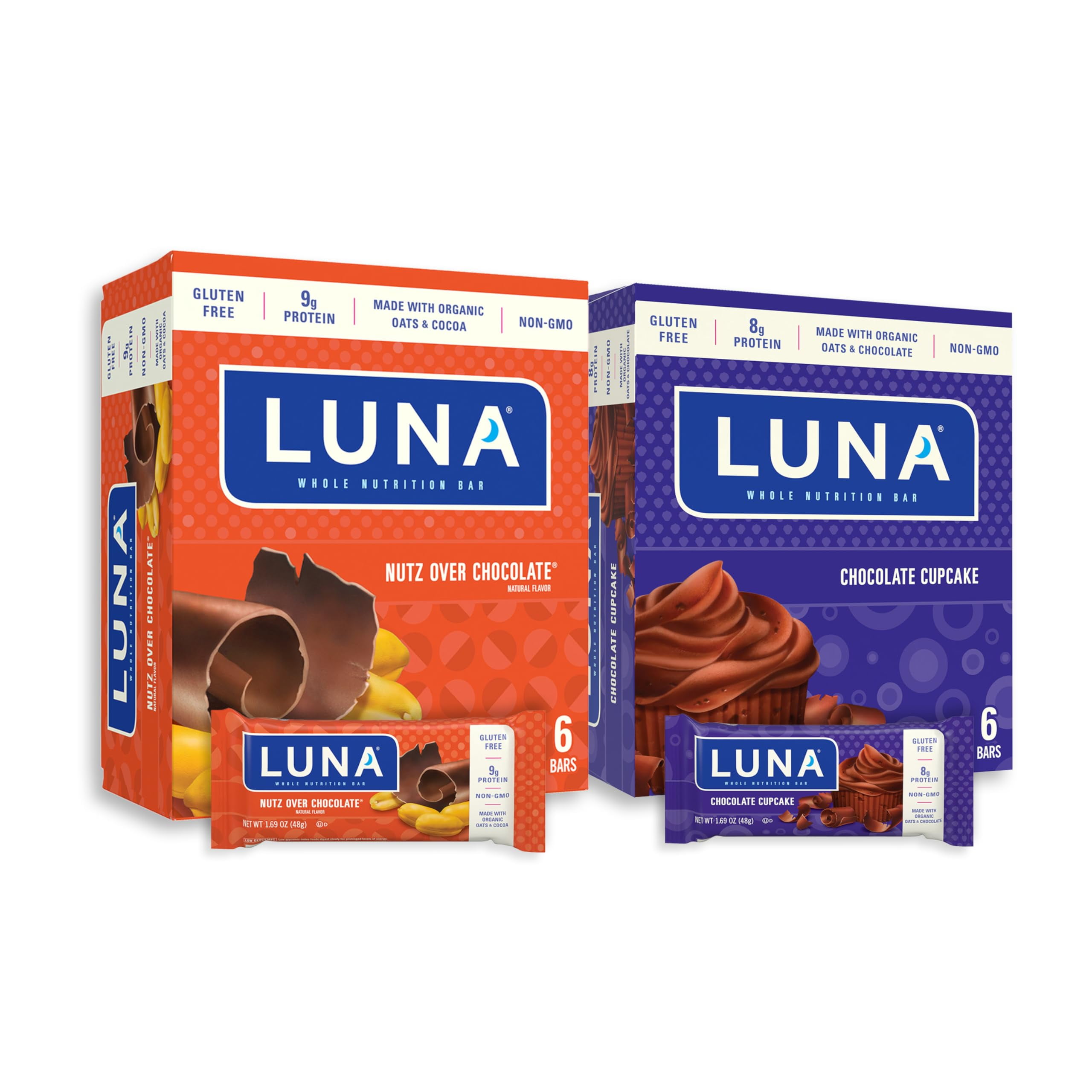 LUNA Bar - Variety OIF8&nbsp;Pack - Nutz Over Chocolate and Chocolate Cupcake - Gluten-Free - Non-GMO - 8-9g Protein - Made with Organic Oats - Low Glycemic - 1.69 oz. (12 Count)