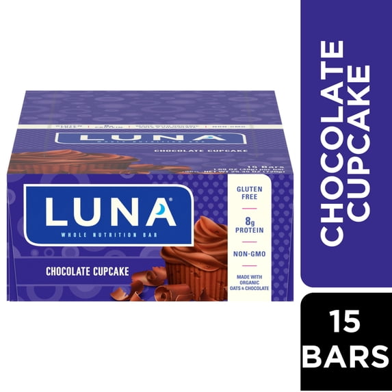 LUNA Chocolate Cupcake Flavor Gluten Free Snack Bars, Protein Bars, 15ct