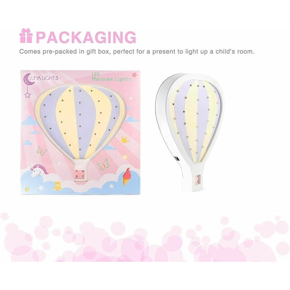 LUNA Kids LED Hot Air Balloon Marquee Wooden Night Light Wall Decor Table Lamp
