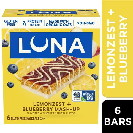 LUNA LemonZest + Blueberry Flavor Gluten Free Snack Bars, Protein Bars, 6Count