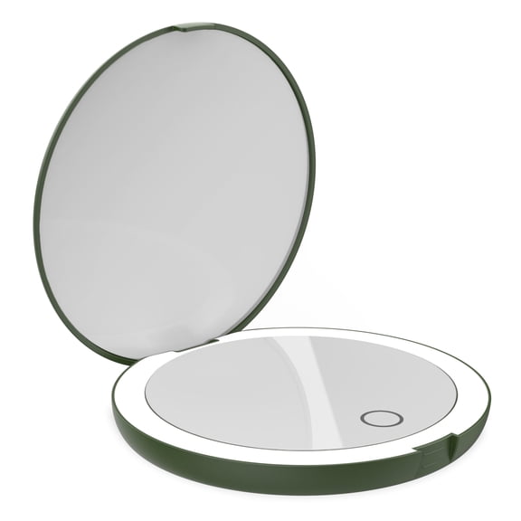 LUNA London Compact Travel Mirror | Travel Makeup Mirror with Light | LED Lighted Vanity Mirror with 3 Light Modes | 7X Magnification Folding Portable & Rechargeable (Forest Green)