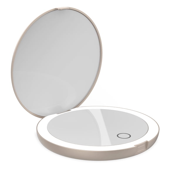 LUNA London Compact Travel Mirror | Travel Makeup Mirror with Light | LED Lighted Vanity Mirror with 3 Light Modes | 7X Magnification Folding Portable & Rechargeable (Soft Stone)