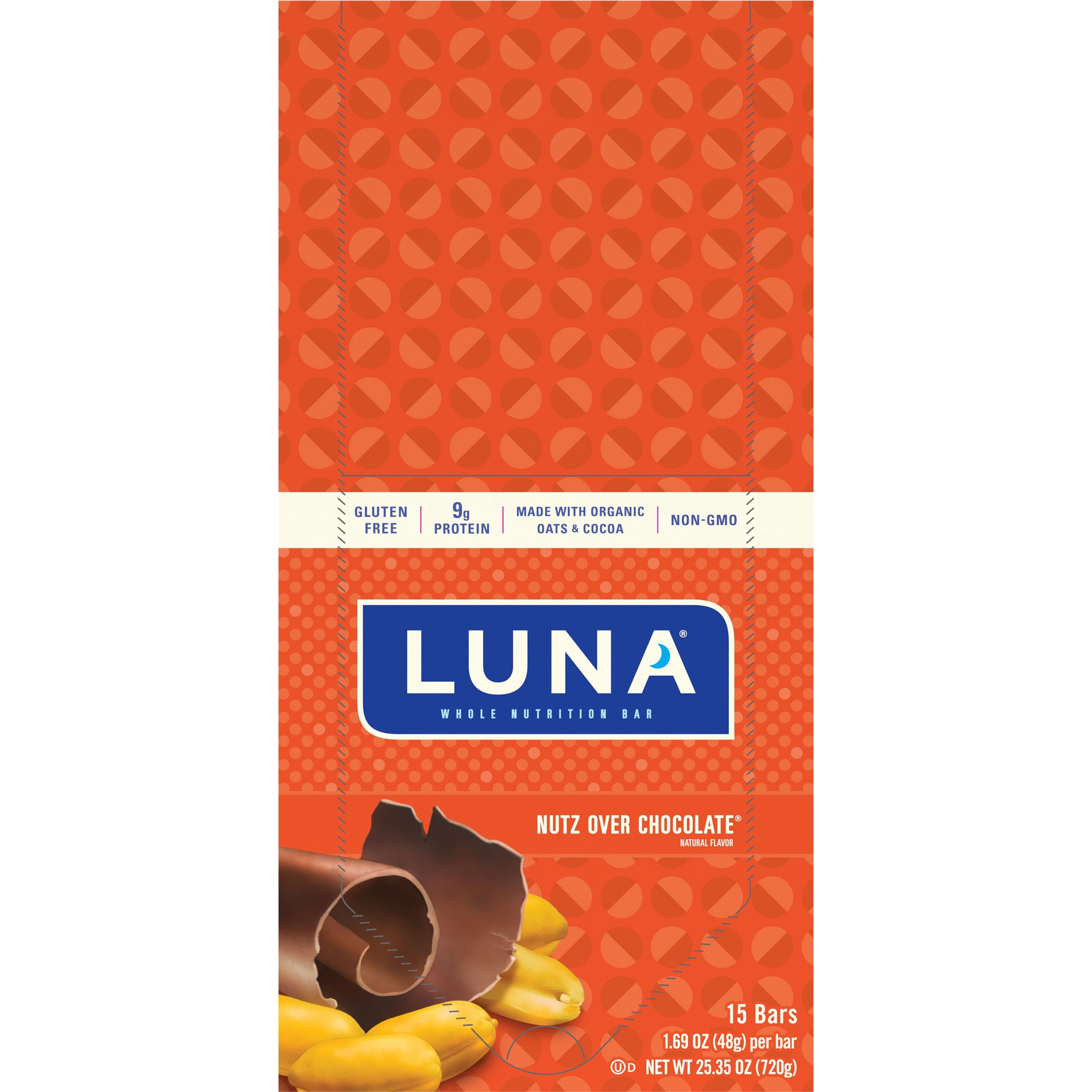 LUNA NUTZ OVER CHOCOLATE GLUTEN FREE NON GMO NUTRITION BAR 1.69 OZ x 15