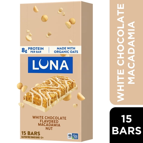 LUNA White Chocolate Macadamia Flavor Gluten Free Snack Bars, Protein Bars, 15ct